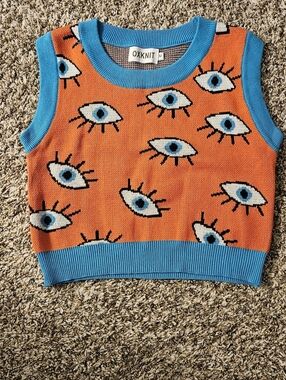 Oxknit Orange Eye-Pattern Knit Top And Skirt Set with Blue Trim. Size M